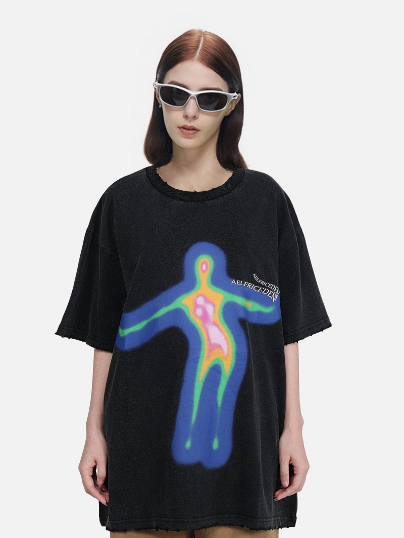 Noir  T Shirts Aelfric Eden Distorted Portrait Graphique Oversized Tee - RBY-0837332